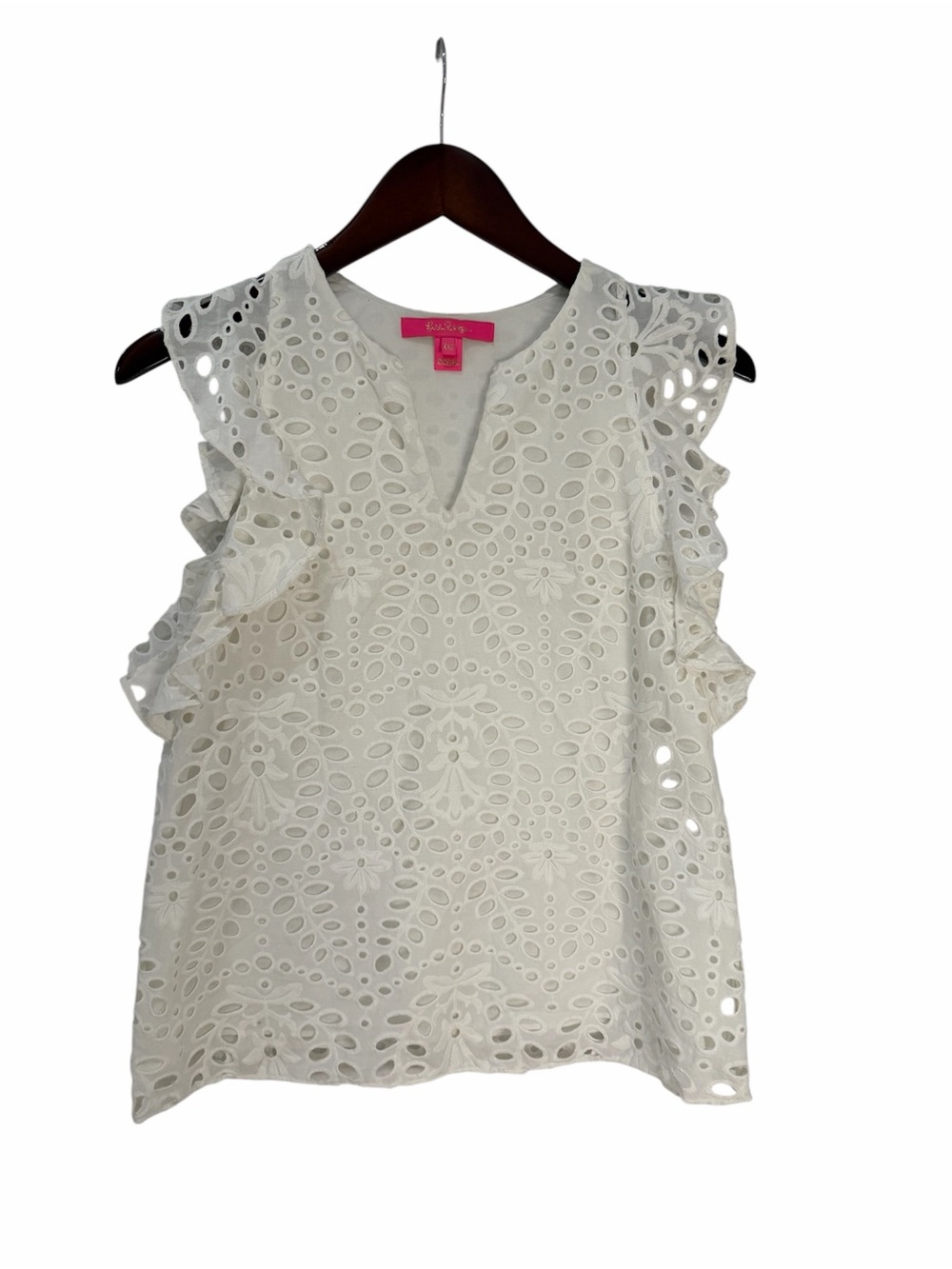 Lilly Pulitzer White Eyelet Lace Blouse XXS Ruffle Sleeve V-Neck Summer Top